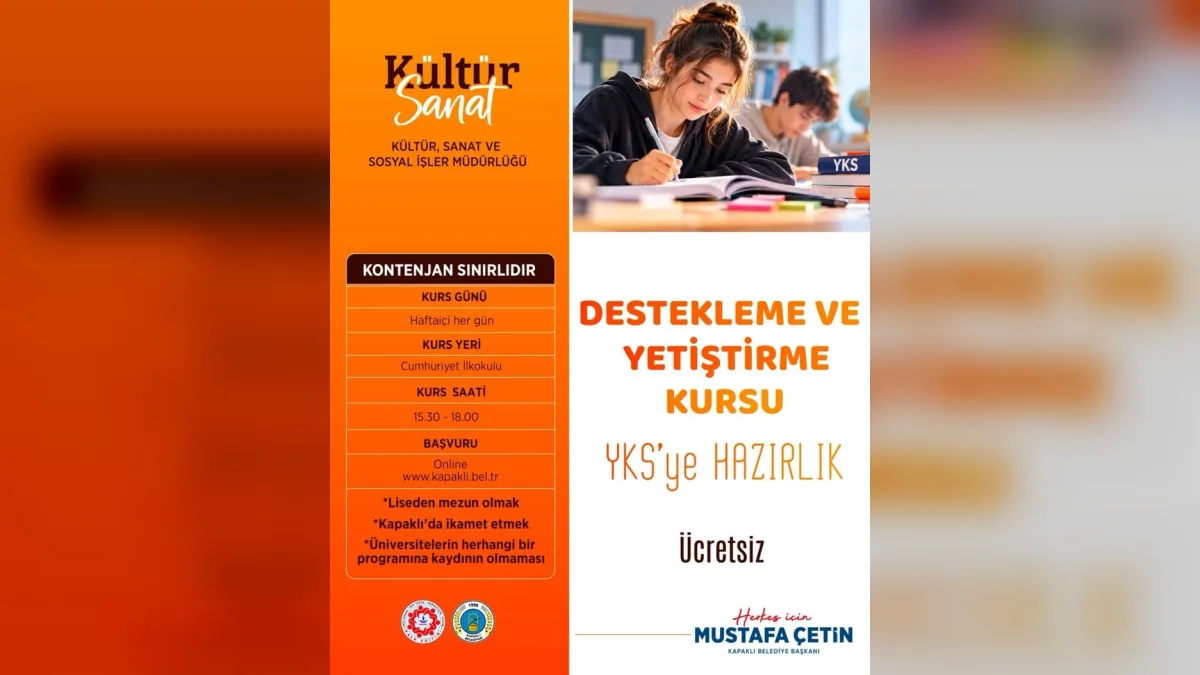 Kapaklı Belediyesi YKS ücretsiz destek kursu afişi ve başvuru formu