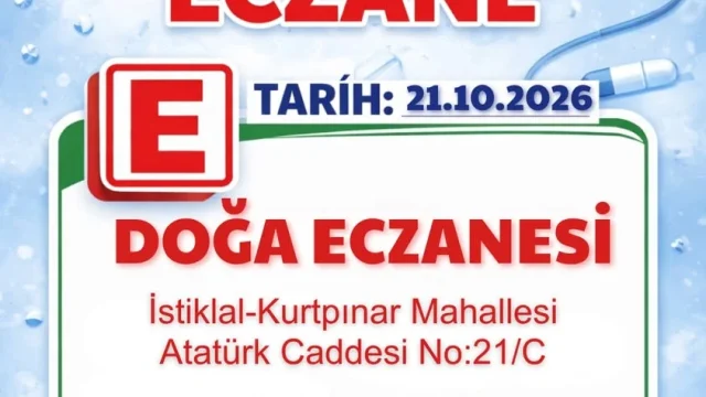 Kurtpınar nöbetçi eczane olarak hizmet veren Doğa Eczanesi binası ve giriş tabelası