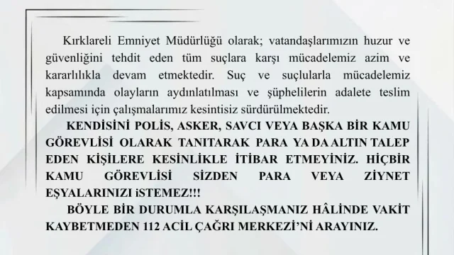 Kırklareli Emniyet Müdürlüğü binası önünde dolandırıcılık uyarısı afişi