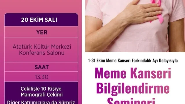 Meme Kanseri Farkındalık Semineri afişi: 20 Ekim Salı 13.30, Atatürk Kültür Merkezi