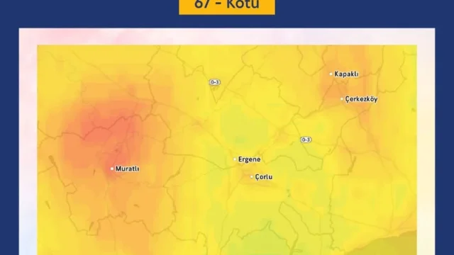 Çorlu hava kalitesi 67 seviyesinde: kent üzerinde kötü koku ve hava kirliliği görüntüsü