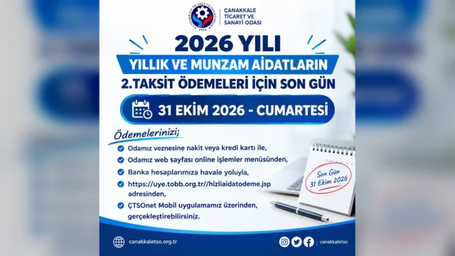 Çanakkale TSO Aidat Ödemelerinde Son Gün 31 Ekim!