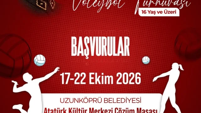 Uzunköprü voleybol turnuvası afişi: 29 Ekim Cumhuriyet Kupası, sporcular ve Cumhuriyet coşkusu.
