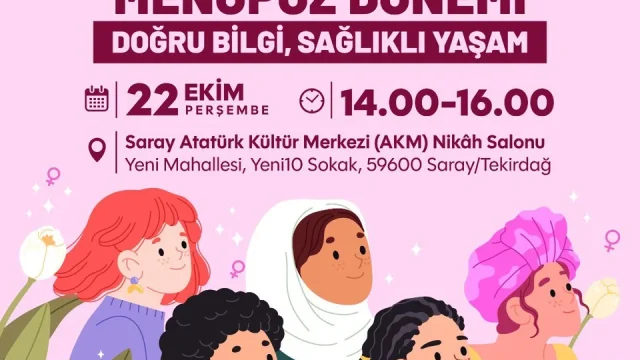 Saray'da menopoz semineri için Saray Atatürk Kültür Merkezi'nde düzenlenen etkinlik afişi