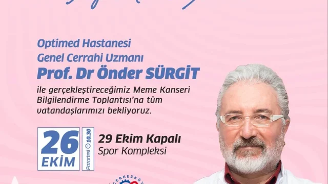 Çerkezköy meme kanseri semineri afişi: Prof. Dr. Önder Sürgit, 26 Ekim 10.30, 29 Ekim Kapalı Spor Kompleksi